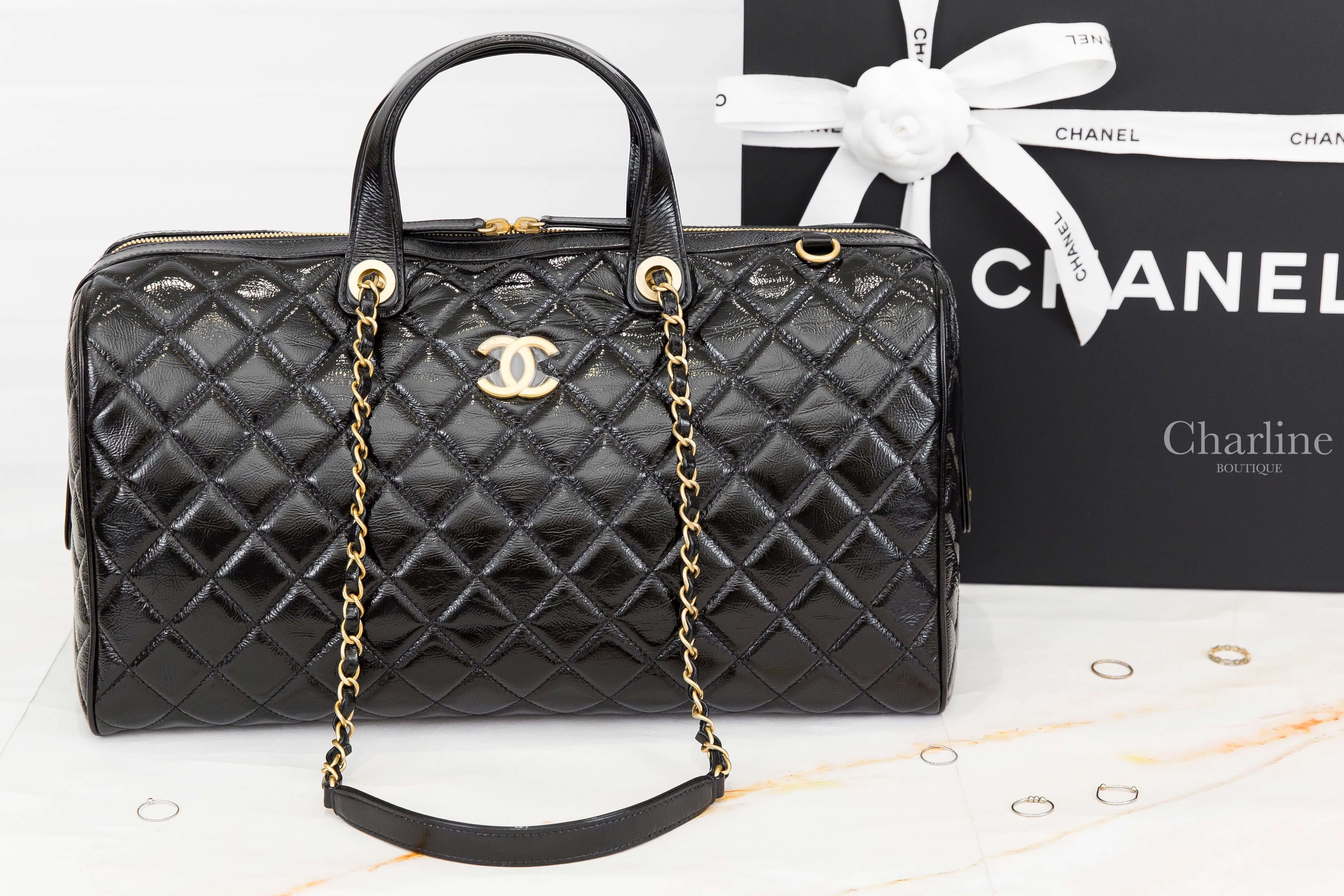 Chanel Maxi Bowling Bag 黑色金CC金鍊特大型油蠟小牛皮菱格紋手提肩背包