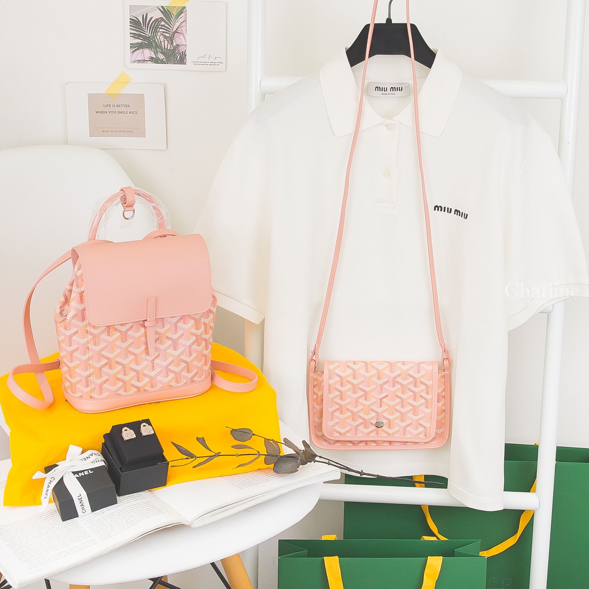 Goyard Alpin 腮紅粉帆布牛皮迷你後背包,Goyard Plumet 腮紅粉帆布牛皮肩背包,Miu Miu 白底黑色刺繡字母Polo領短袖上衣,Chanel 粉色水鑽CC白色手提包包耳環-Charline Boutique 精品代購