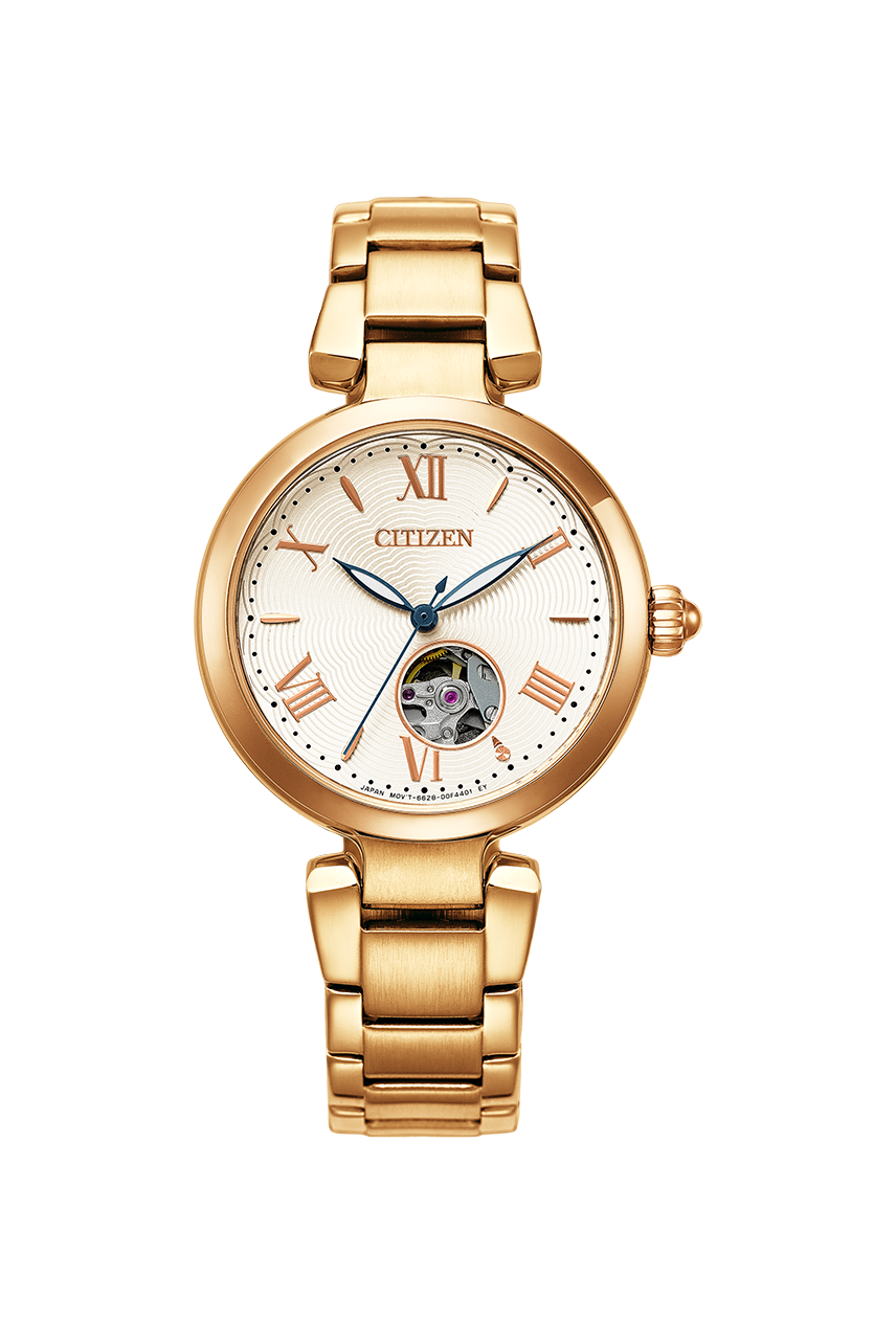 Citizen Collection Mechanical Ladies PR1052-62A 金色, PR1054-67A 玫瑰金錶盤, PR1050-68W 粉紅錶盤 機械式腕錶均採用鏤空錶盤設計 搭配金屬錶殼和錶帶