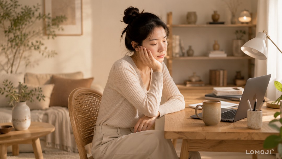 體內濕氣重導致身體沉重無力:女子在書桌前疲憊托腮看電腦,尋求改善方法