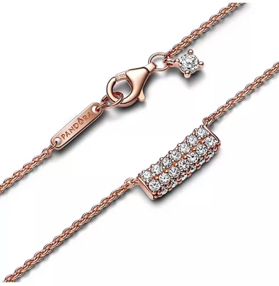 【預購】 Pandora H070372 Timeless 14K玫瑰金鍍層閃亮雙排棒飾頸鏈