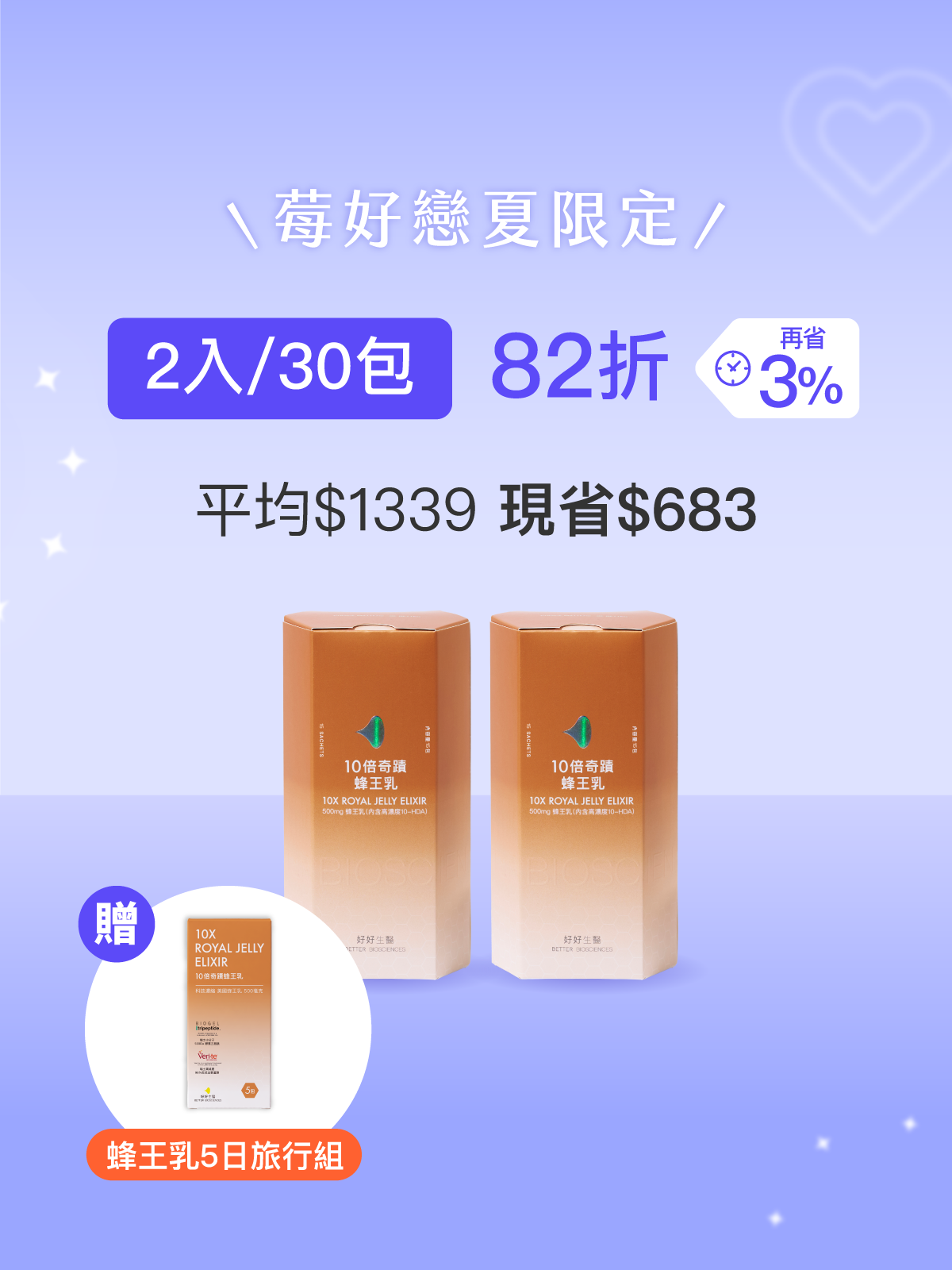 【駕馭時光】10倍奇蹟蜂王乳＿2入組 (30包)-500毫克美國蜂王乳 含500Da超小分子膠原蛋白三胜肽