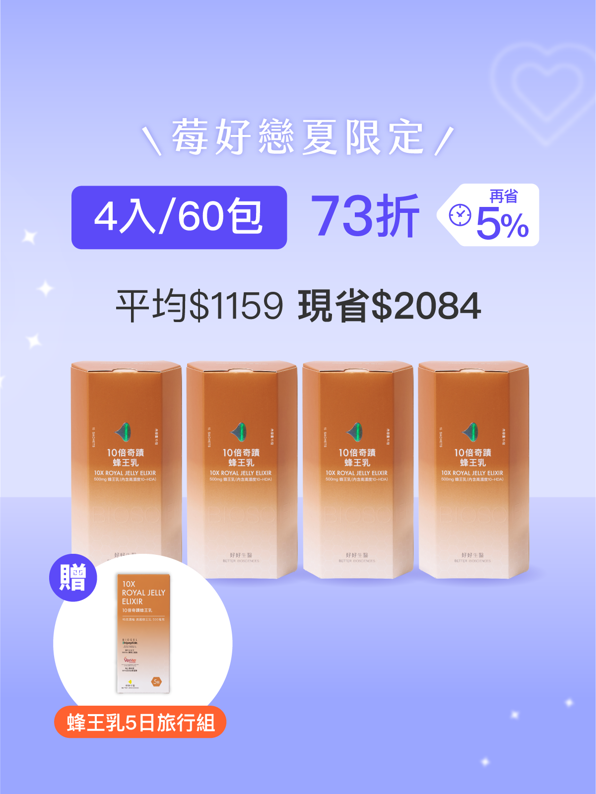 【駕馭時光】10倍奇蹟蜂王乳＿4入組 (60包)-500毫克美國蜂王乳 含500Da超小分子膠原蛋白三胜肽