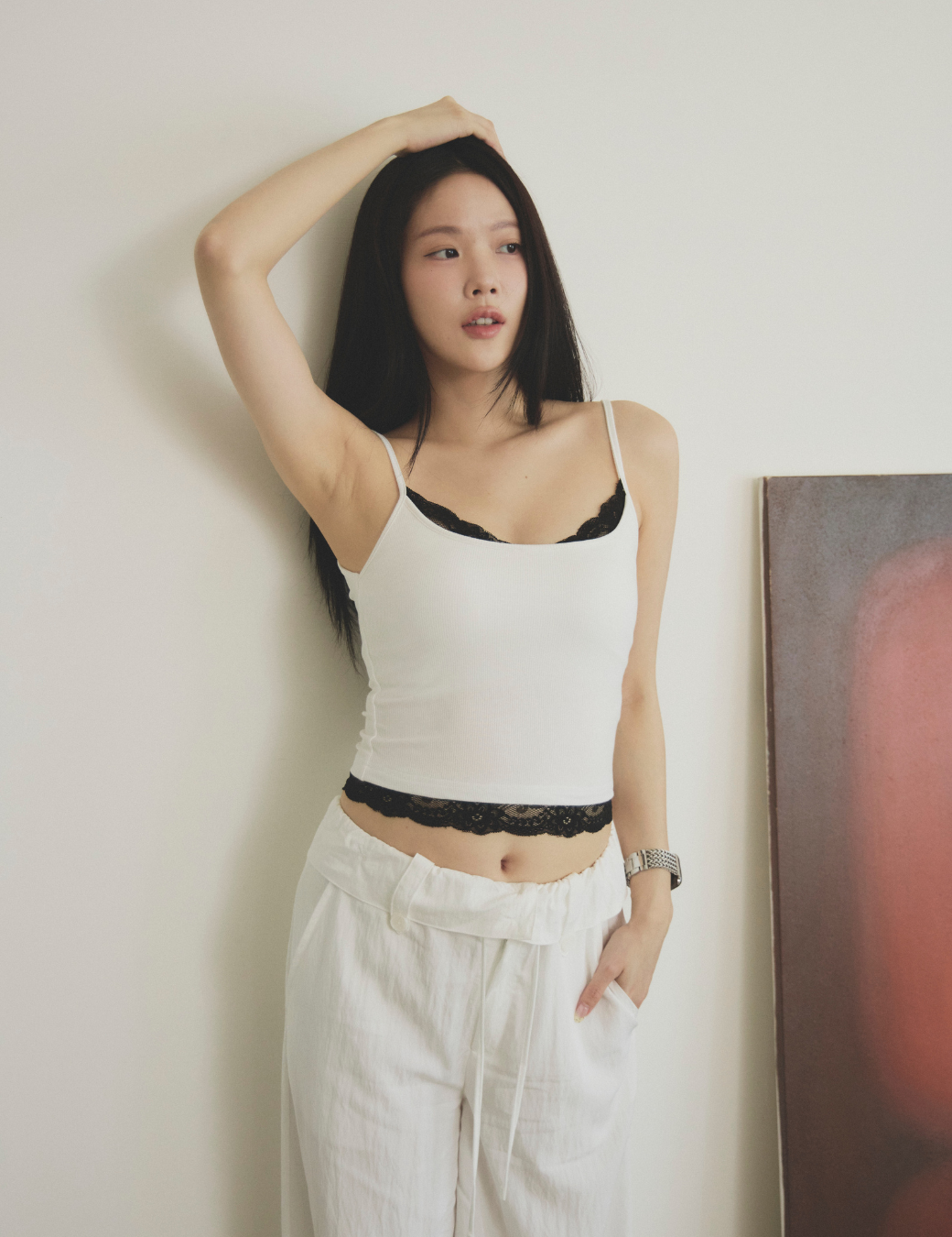 蕾絲拼接坑條 Bra Top（白色/3尺寸）