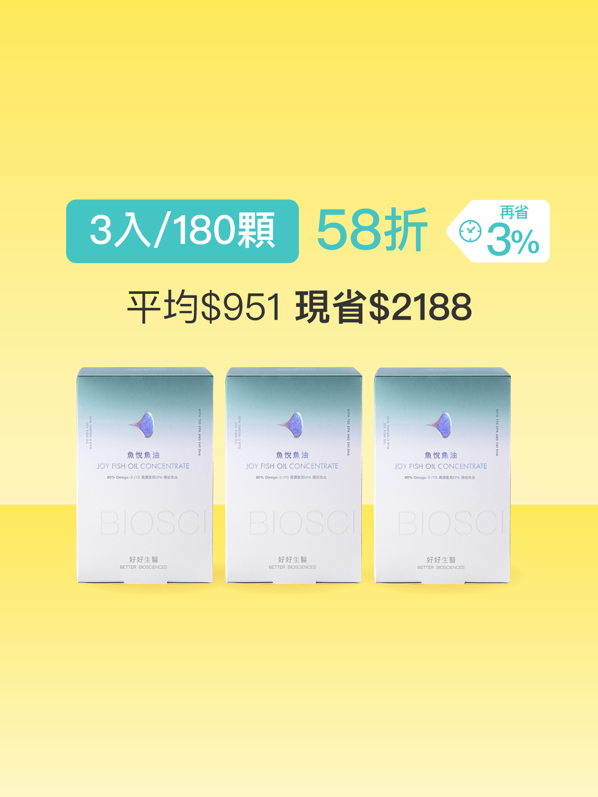 【新品58折】魚悅魚油－85% Omega-3 高濃度高EPA挪威魚油＿3入組 (180顆)