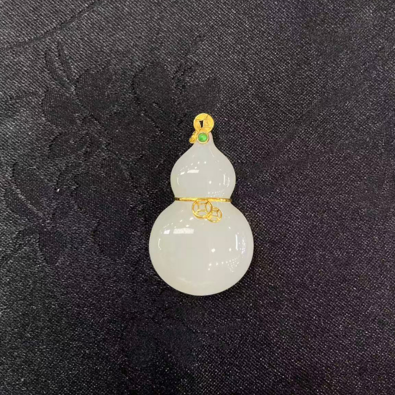 CNAG0707-330 冰晴水鑲金和田玉葫蘆19*30JEJJEI-32883【連合金鏈連盒連證書】*隨機紋理款一件 (A30)