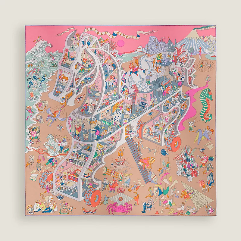 HERMES Academia Hippica scarf 90 Rose Bonbon / Gris Bleuté / Multicolore