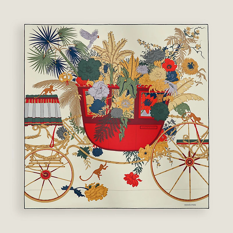Hermes La Nature en Voyage scarf 90 Ivoire / Rouge H / Vert Loden