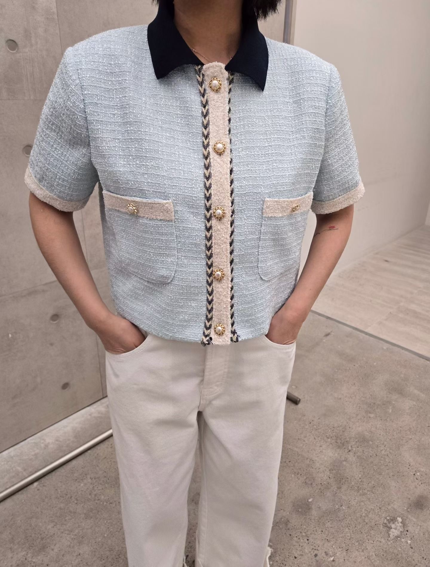 藍色黑領小香西裝外套