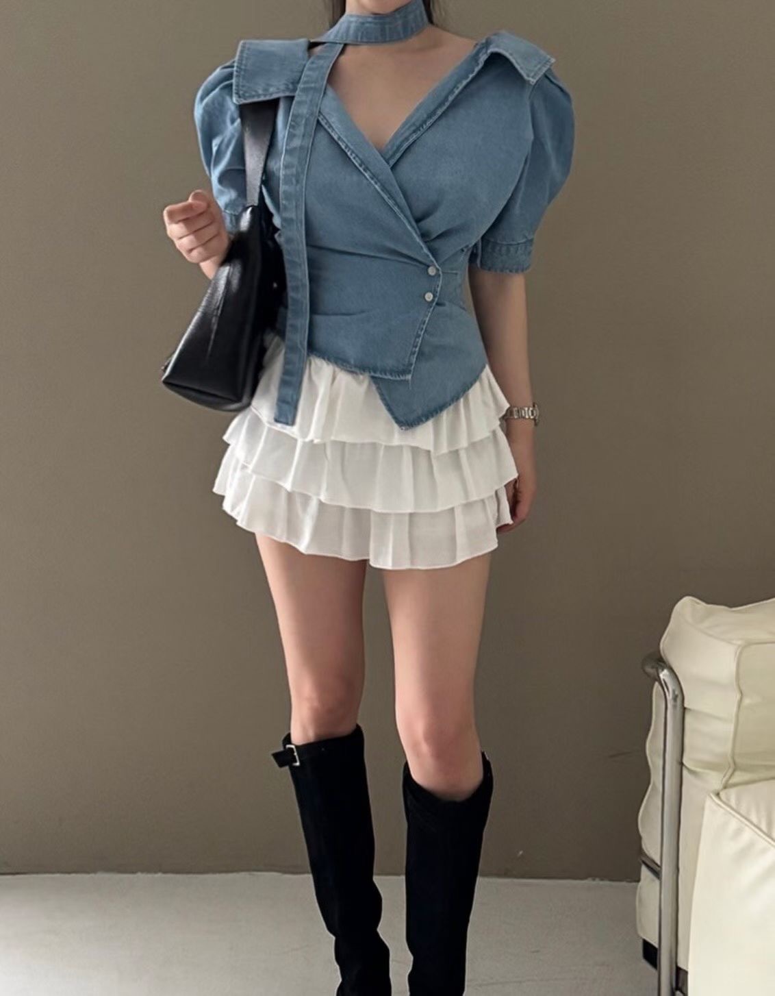 牛仔交錯收腰有領襯衫