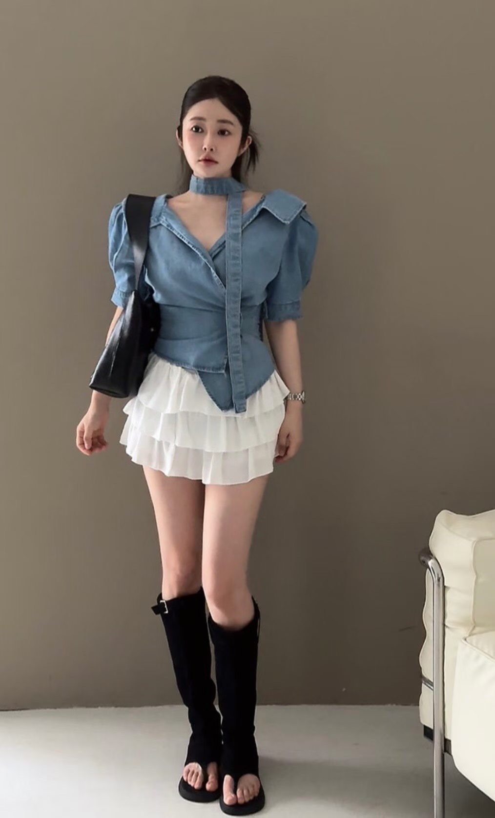 牛仔交錯收腰有領襯衫