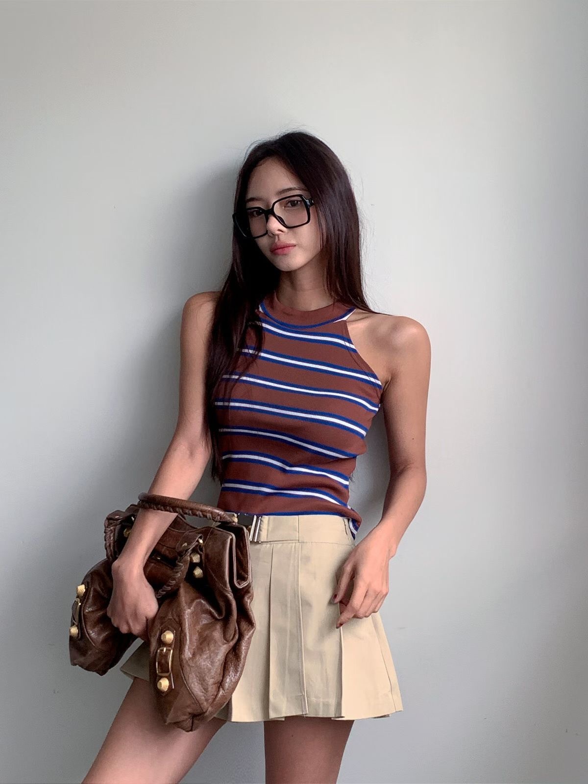 學生風條紋削肩背心
