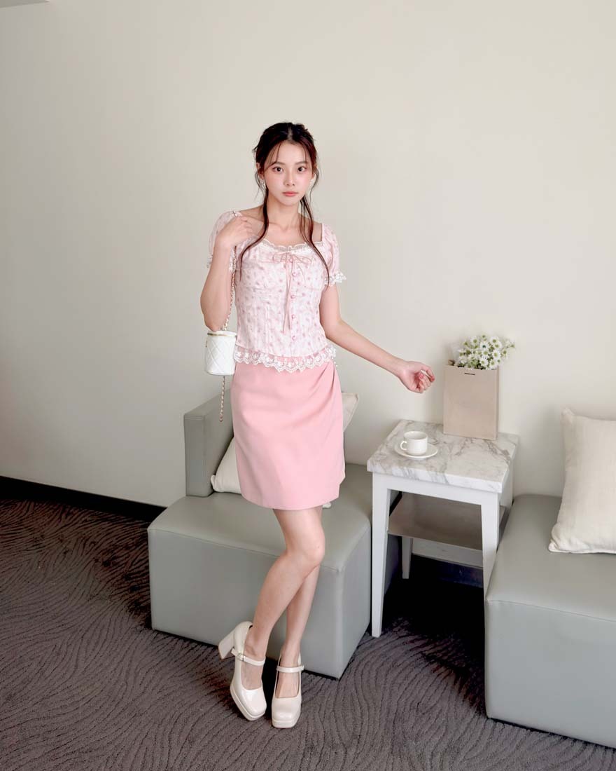 LINA LINA貴氣優雅珍珠滾邊打褶斜擺褲裙-甜美粉S-XL