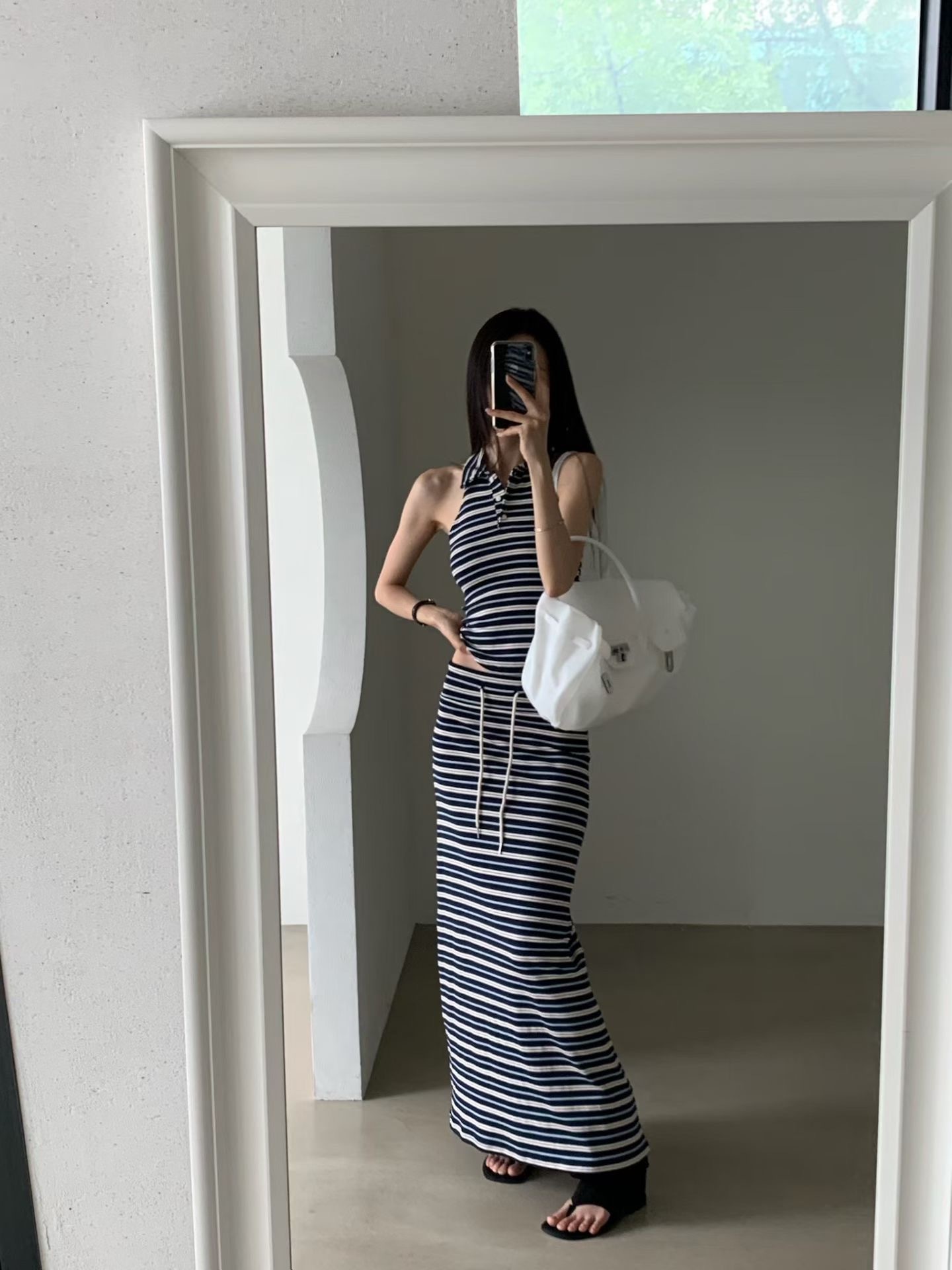 翻領削肩條紋背心  長裙(分售)