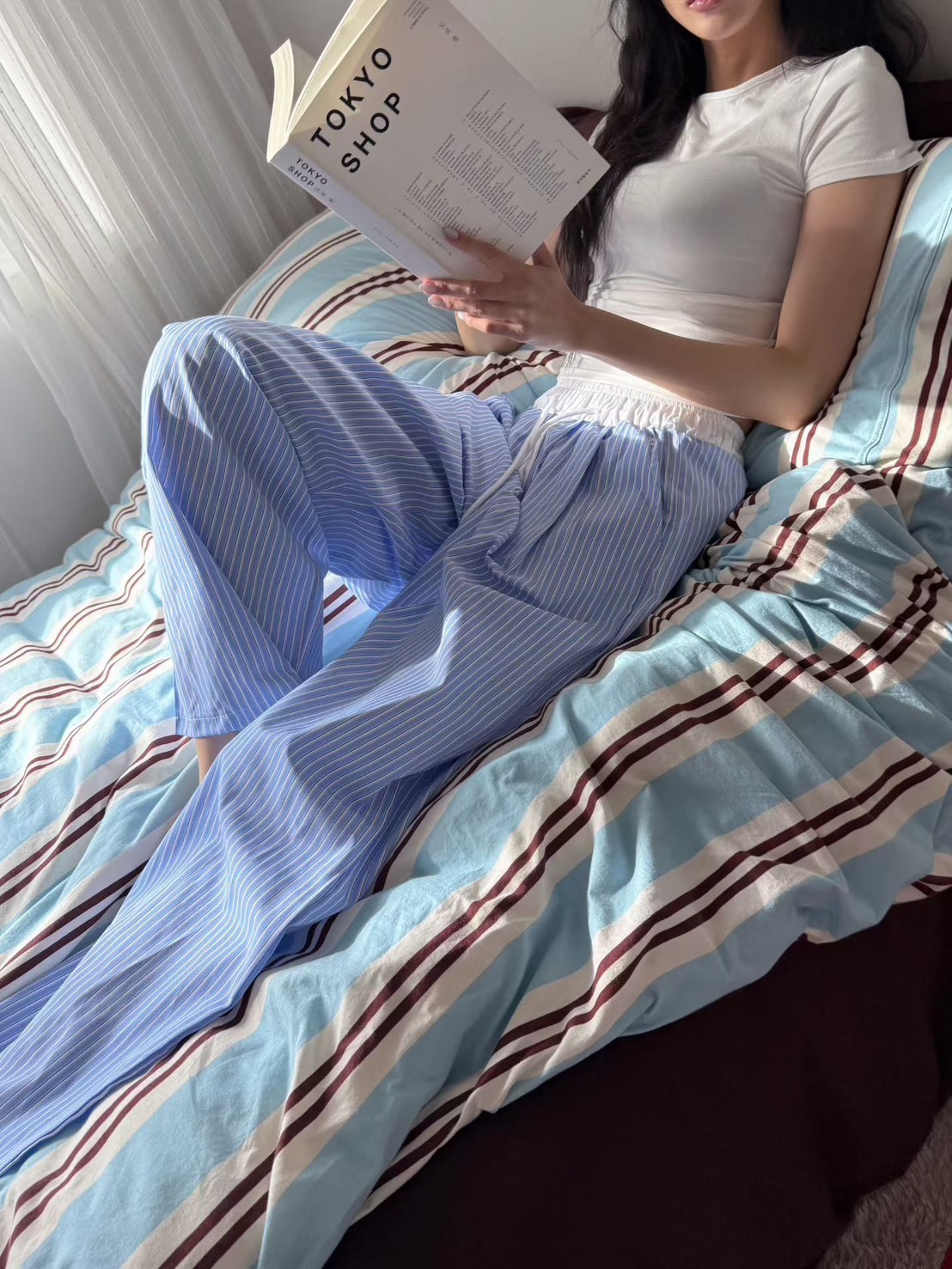 直條白邊鬆緊長褲