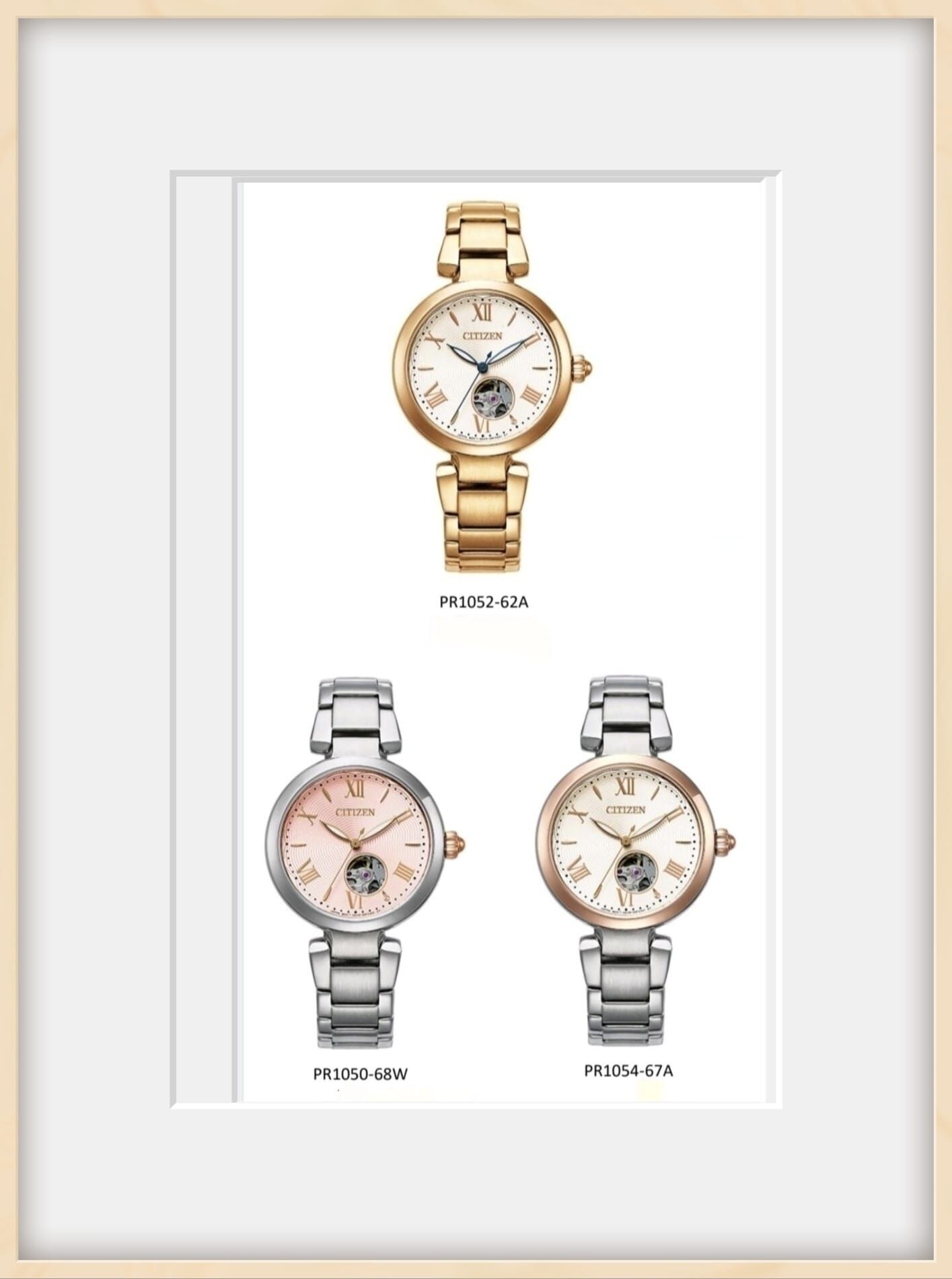 Citizen Collection Mechanical Ladies PR1052-62A 金色, PR1054-67A 玫瑰金錶盤, PR1050-68W 粉紅錶盤 機械式腕錶均採用鏤空錶盤設計 搭配金屬錶殼和錶帶
