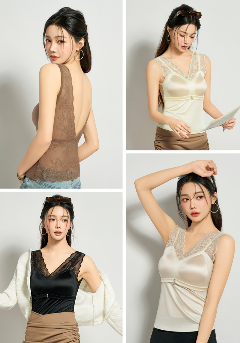 日本蕾絲花邊V領無痕緞面美背遮副乳背心(香檳白/啡色/黑色) - #HAN #YXY03