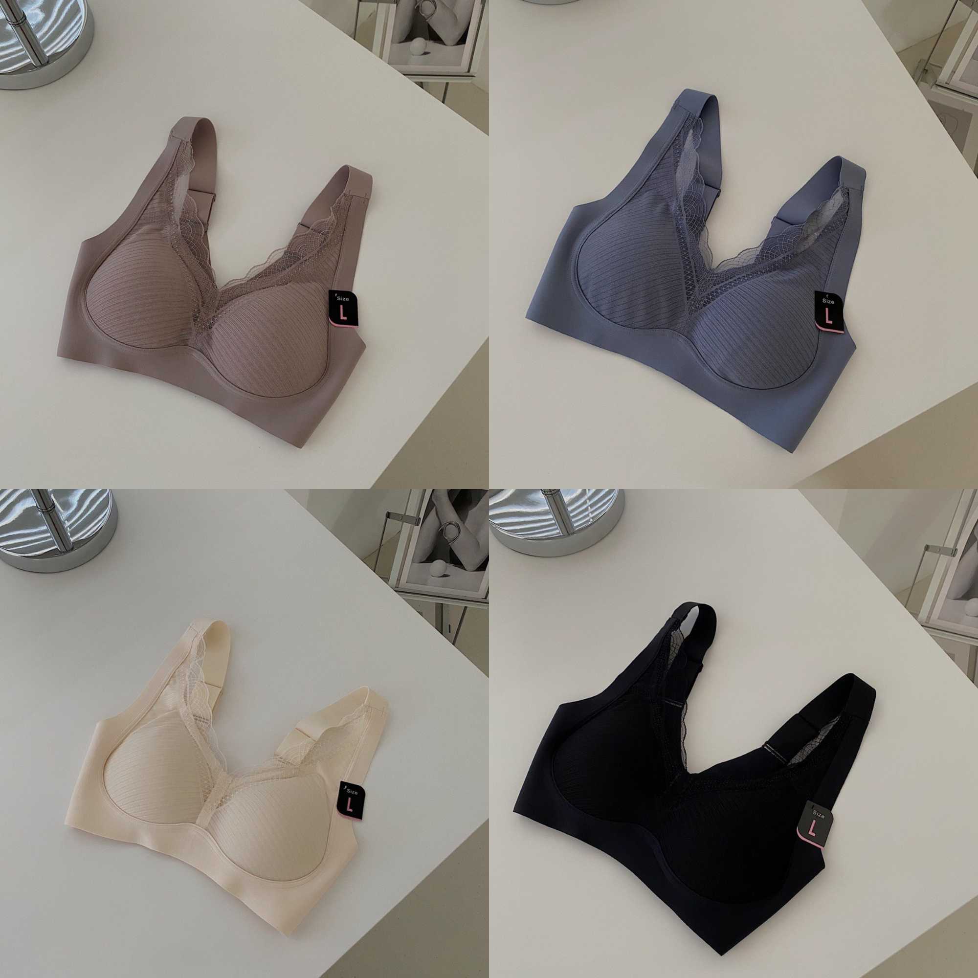 日本反重力乳膠收副乳蕾絲無痕美背胸罩(奶白色/黑色/木蘭色/迷迭藍) - #HAN #YXY04