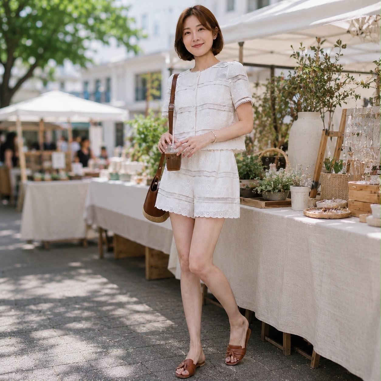 SHORT SLEEVE COTTON LACE BLOUSE & SHORTS SET SUIT
