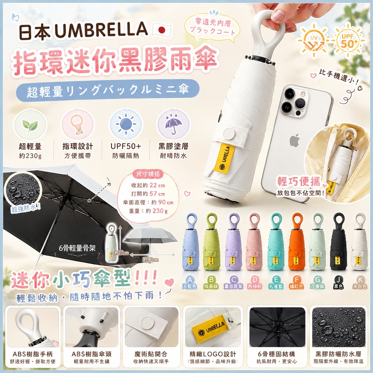 【預訂】AW070401 日本 UMBRELLA 便攜指環迷你黑膠雨傘