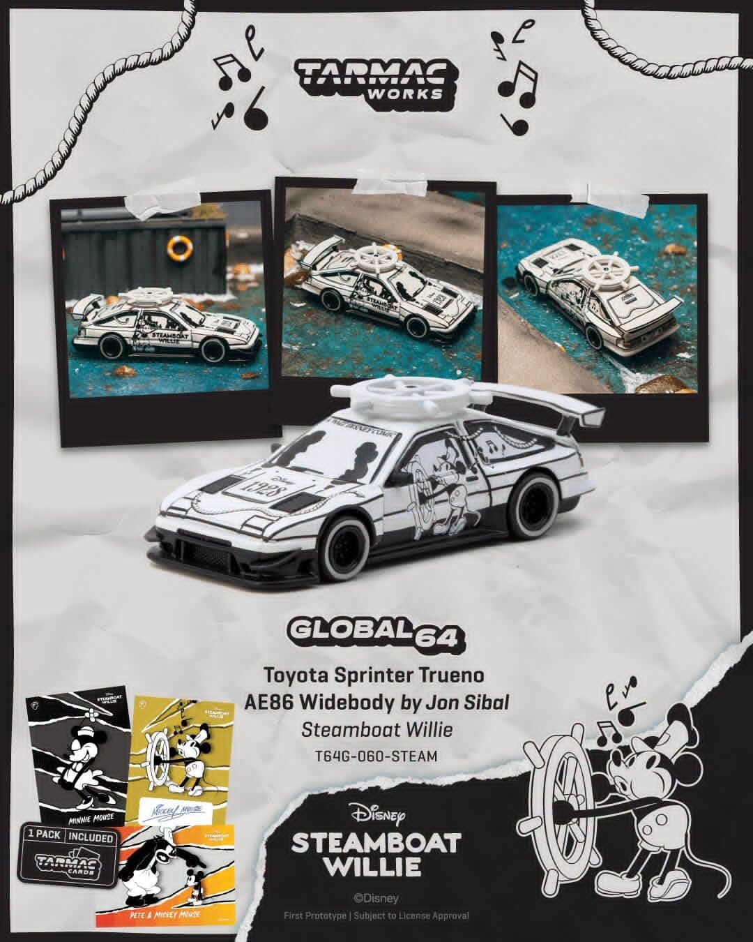 預訂:1/64 Tarmac  Toyota Sprinter Trueno AE86 Widebody by Jon Sibal Steamboat Willie (T64G-060-STEAM)