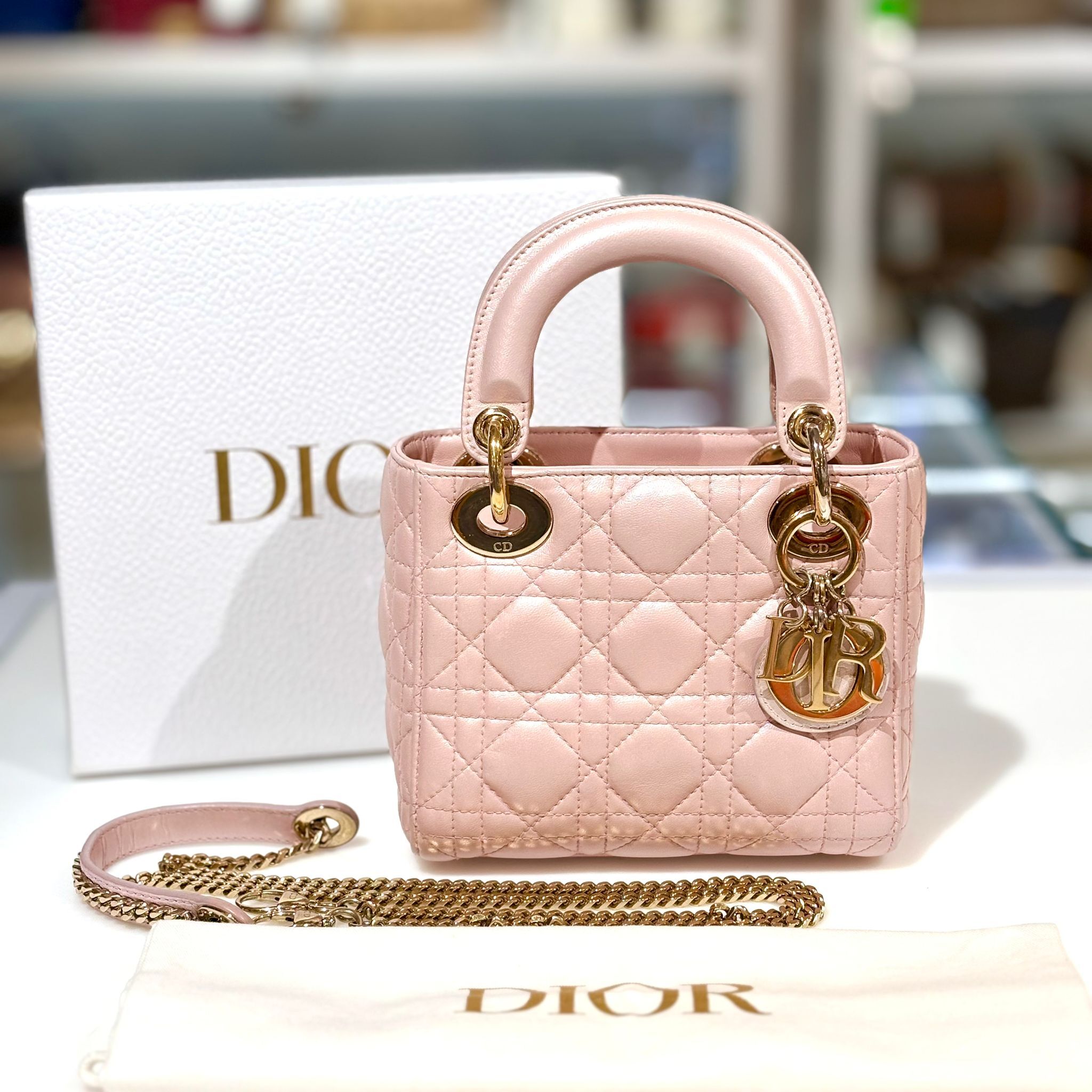 98%NEW二手LADY DIOR MINI三格 珠光粉紅色羊皮 金扣 #迪奧 #香榭站正品