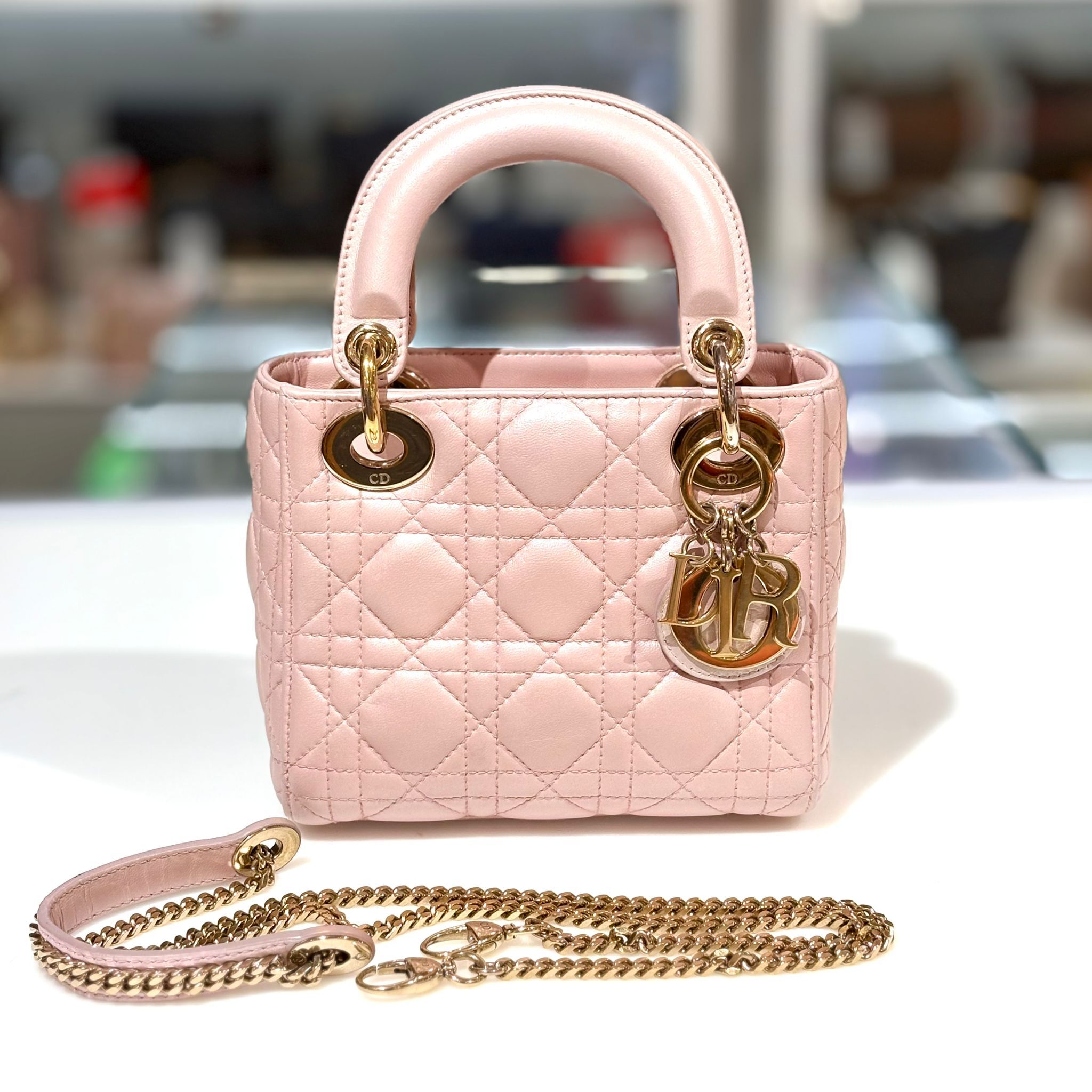 98%NEW二手LADY DIOR MINI三格 珠光粉紅色羊皮 金扣 #迪奧 #香榭站正品