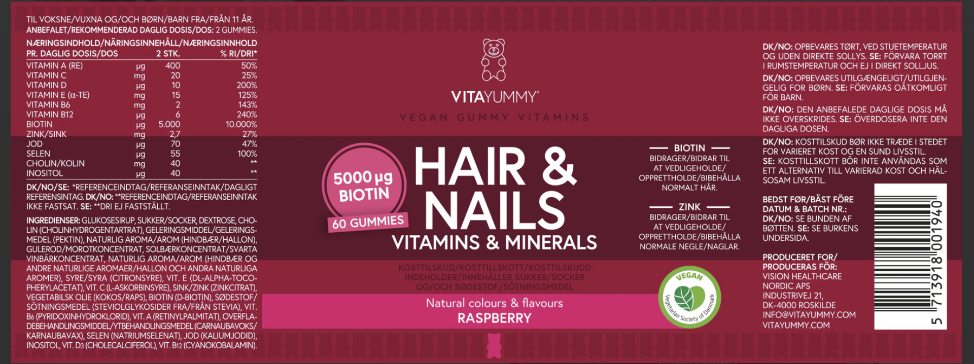 VitaYummy hair and nails vitamins gummies packaging label, raspberry flavor with biotin, zinc, and ingredients supporting hyaluronic acid absorption.