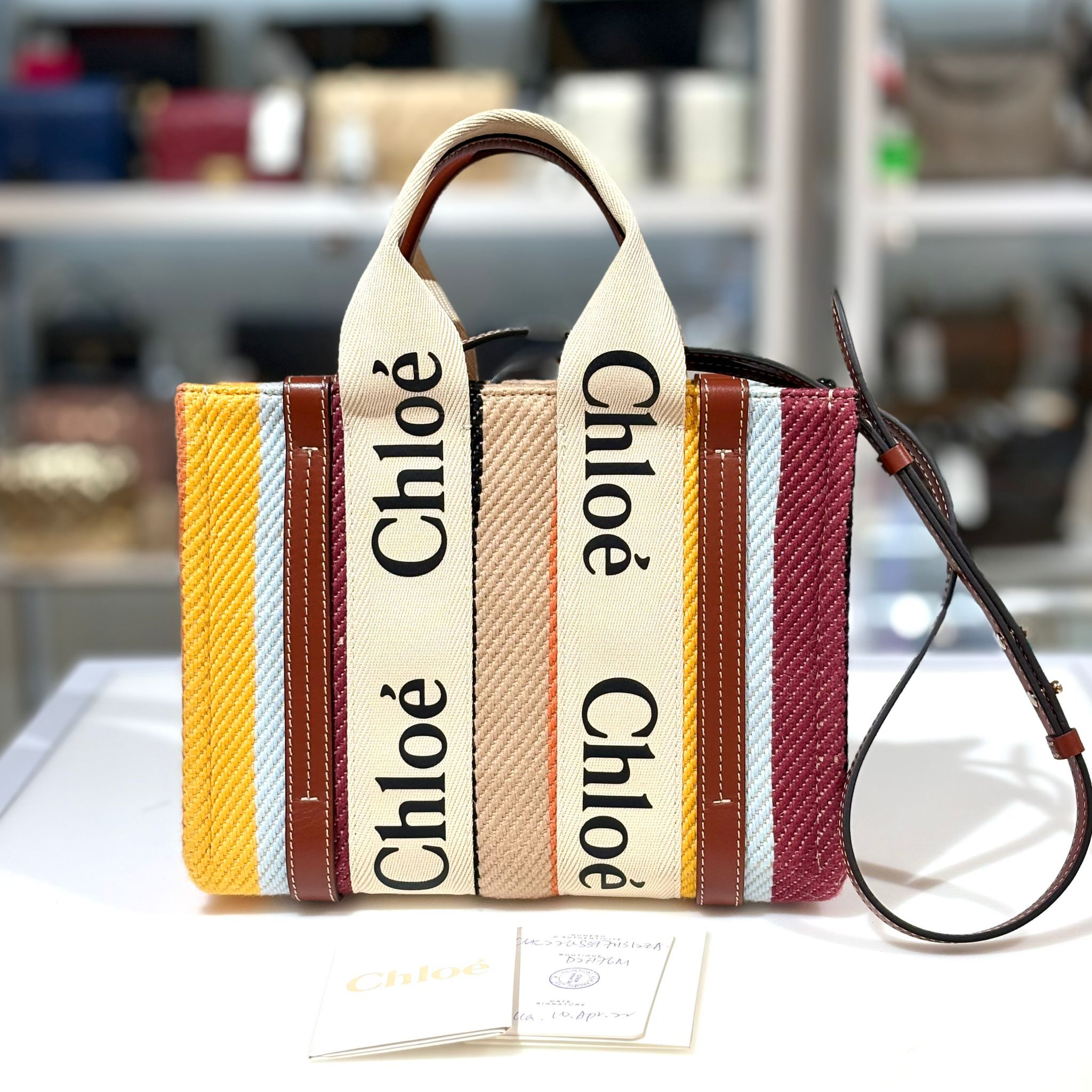 99%NEW二手CHLOE 帆布WOODY SMALL 手挽肩背兩用袋 啡色/彩色 #香榭站正品