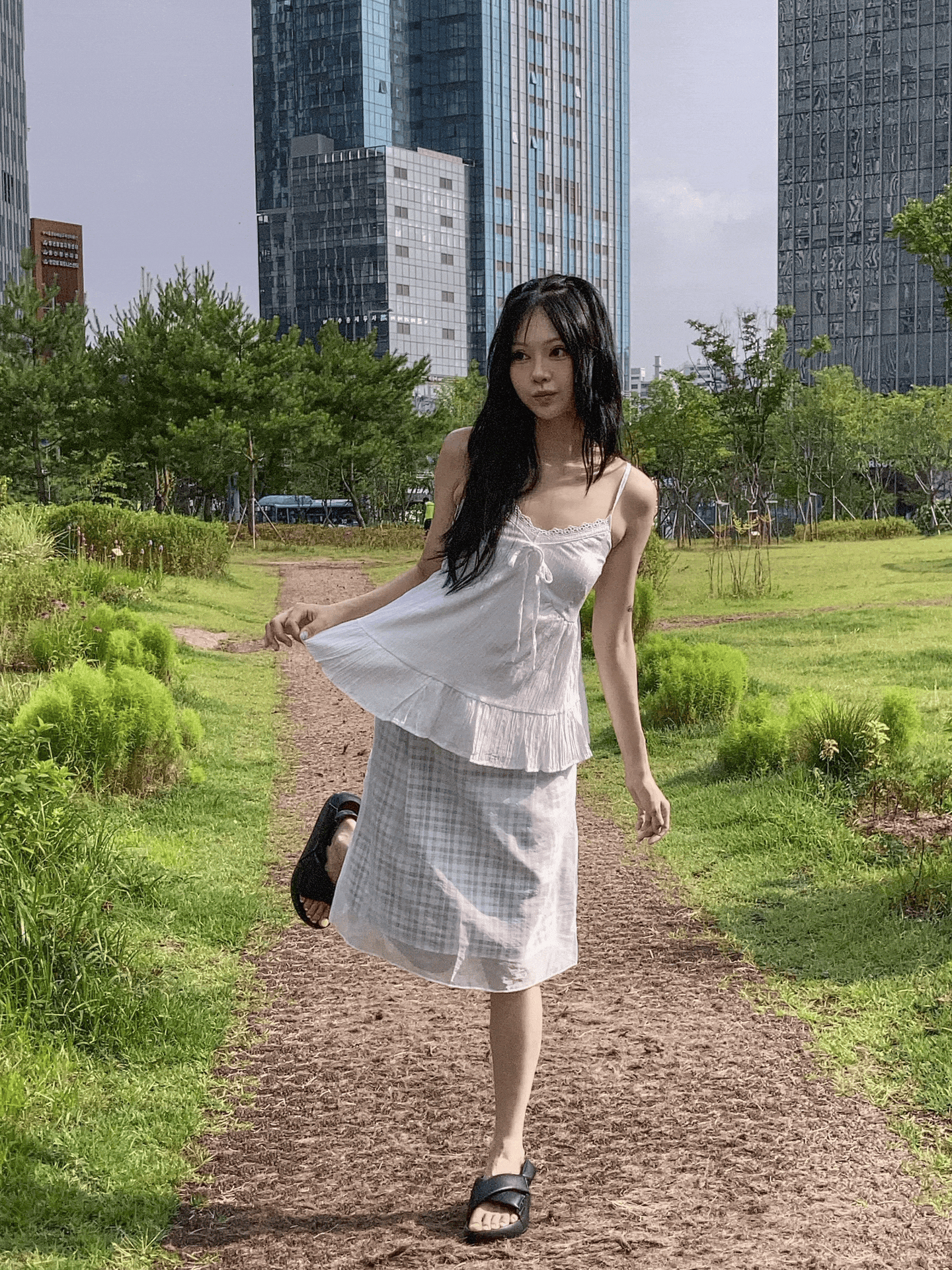 柔和格紋網紗兩層中長裙〈🇰🇷DAY 3〉