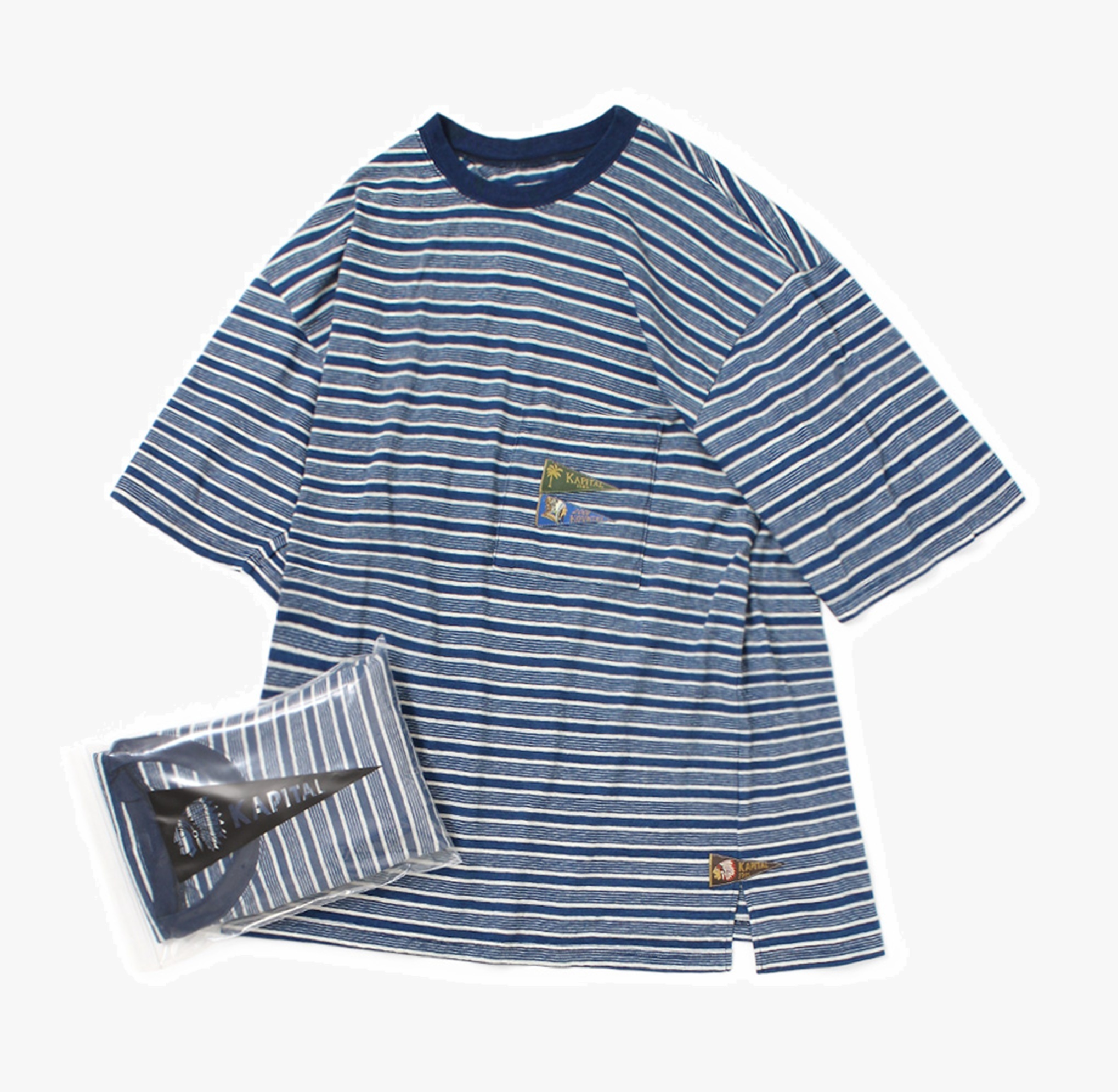 KAPITAL 2026 INDIGO BORDER JERSEY PENNANT T-SHIRT (3 FLAGS) - STYLE (B) PRE ORDER ITEM (預訂中)