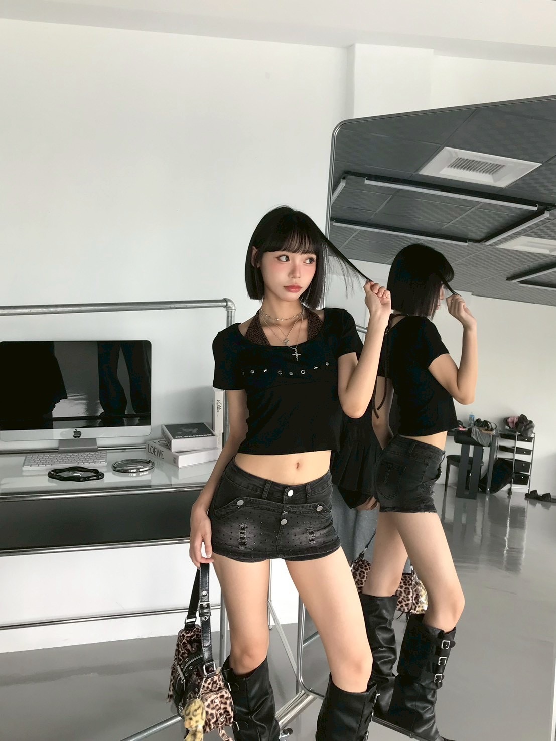 假兩件 豹紋掛脖 卯釘短tee
