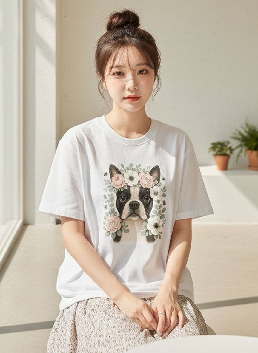 花漾法鬥印花系列★法國鬥牛犬花卉短袖T恤