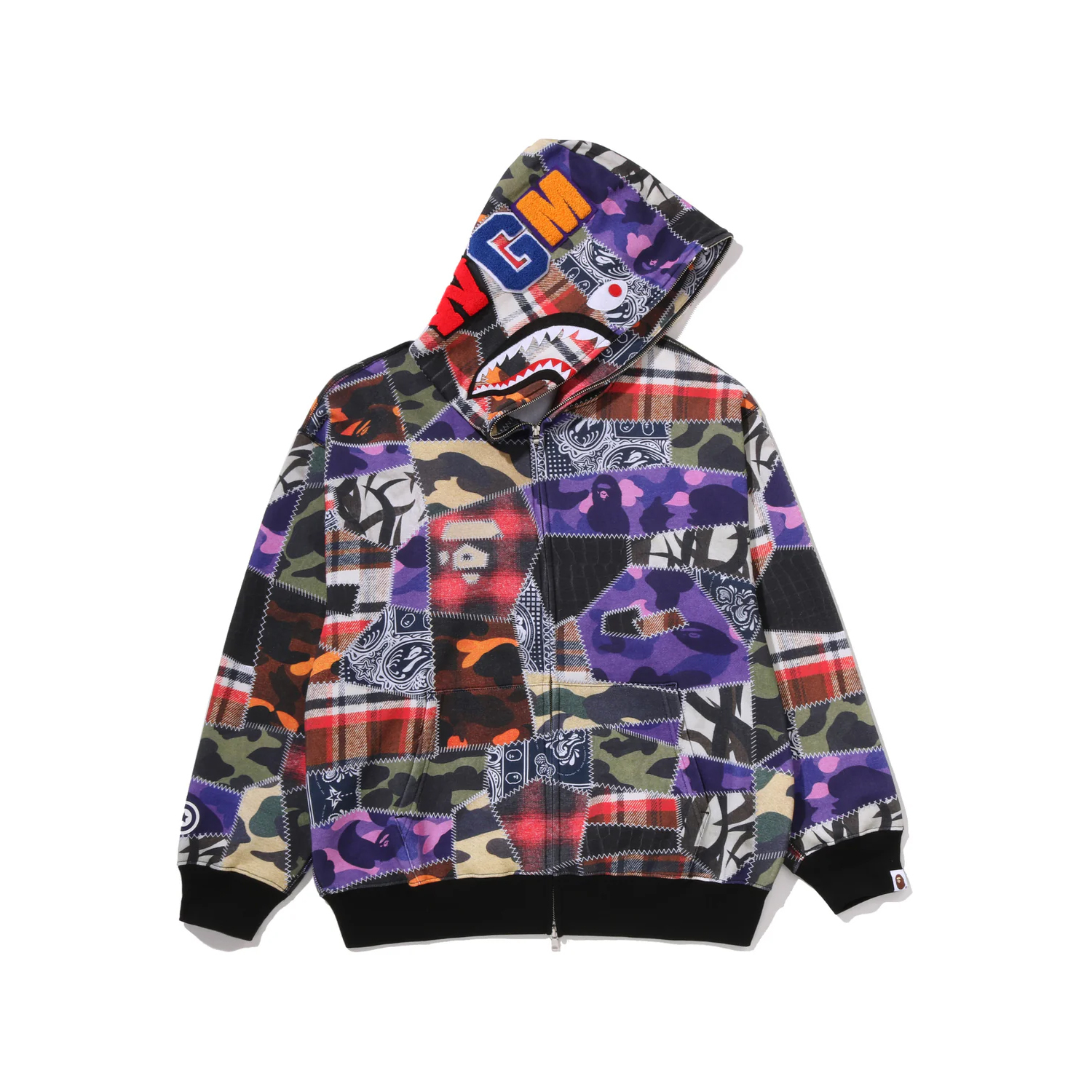 -(B4c01)-A BATHING APE CRAZY PATCH SHARK FULL ZIP HOODIE RELAXED FIT SS26 迷彩 印刷拼接 鯊魚外套 寬鬆版-1M80115317