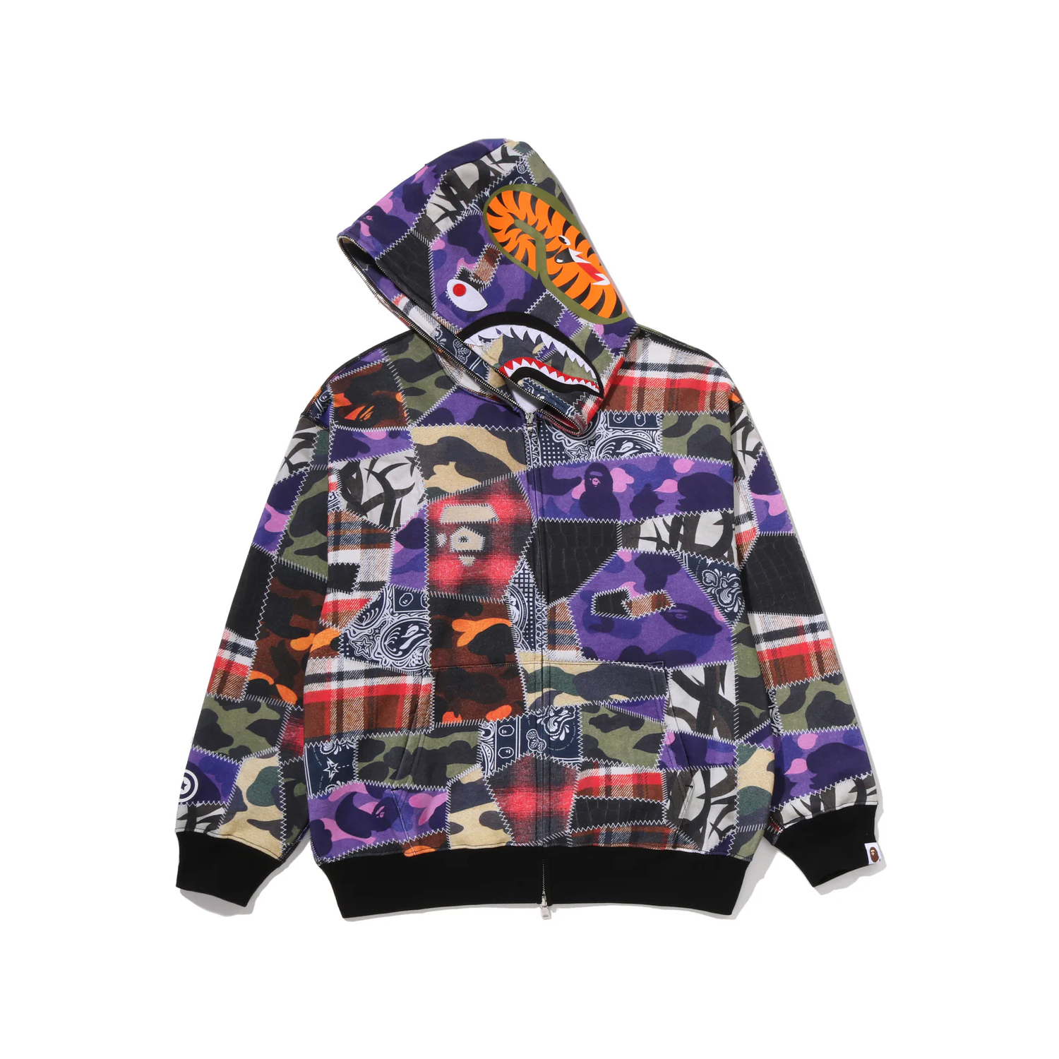 -(B4c01)-A BATHING APE CRAZY PATCH SHARK FULL ZIP HOODIE RELAXED FIT SS26 迷彩 印刷拼接 鯊魚外套 寬鬆版-1M80115317