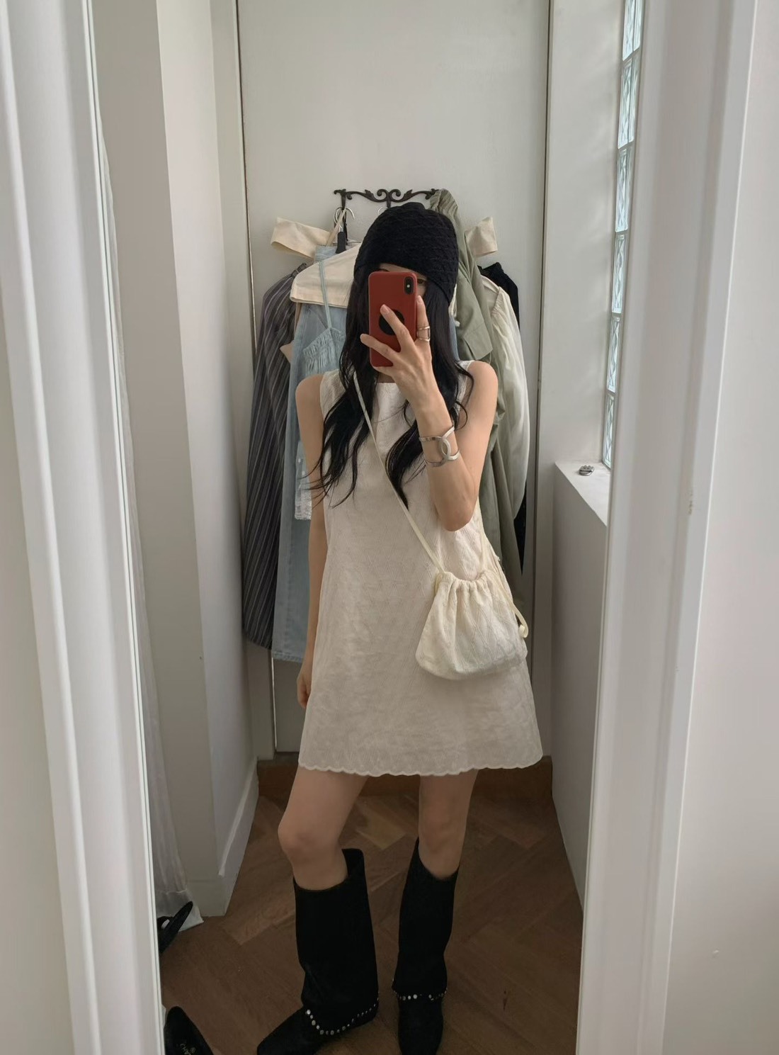附斜背包無袖洋裝