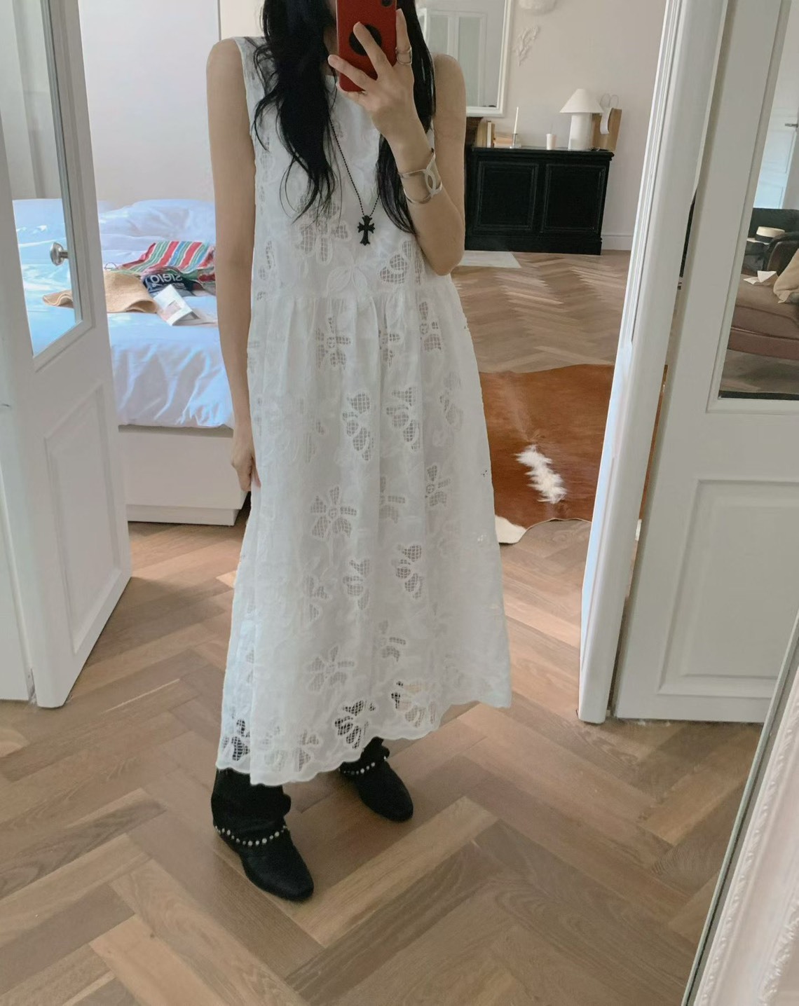無袖花蕾絲長洋裝