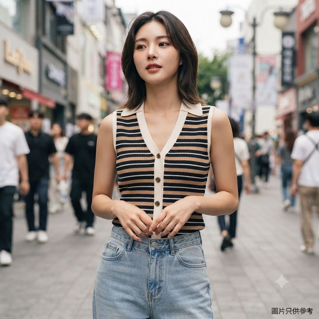 【預購】Karl Lagerfeld Paris H0704515 女裝條紋無袖針織背心（午夜藍 / 卡圖什沙色）