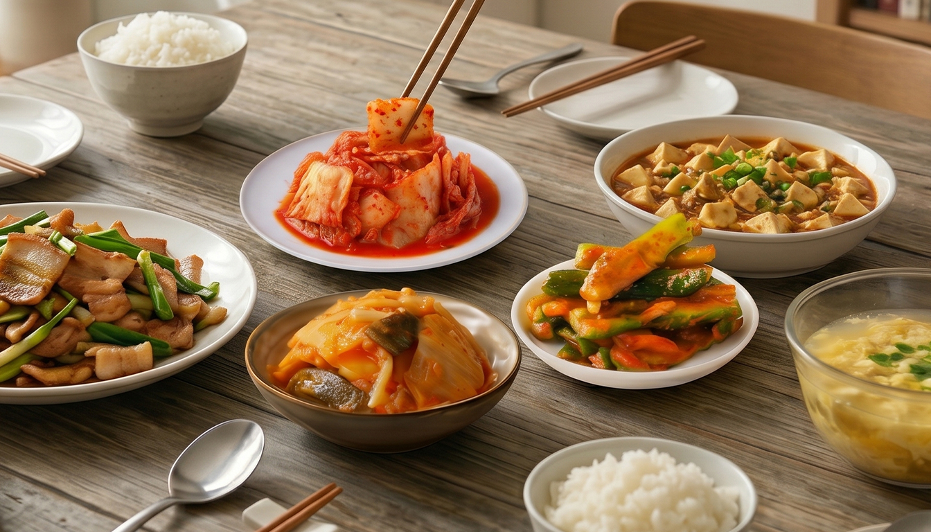 協發行泡菜的韓式泡菜、泡菜黃瓜、剝椒催淚泡菜居家餐桌擺盤呈現