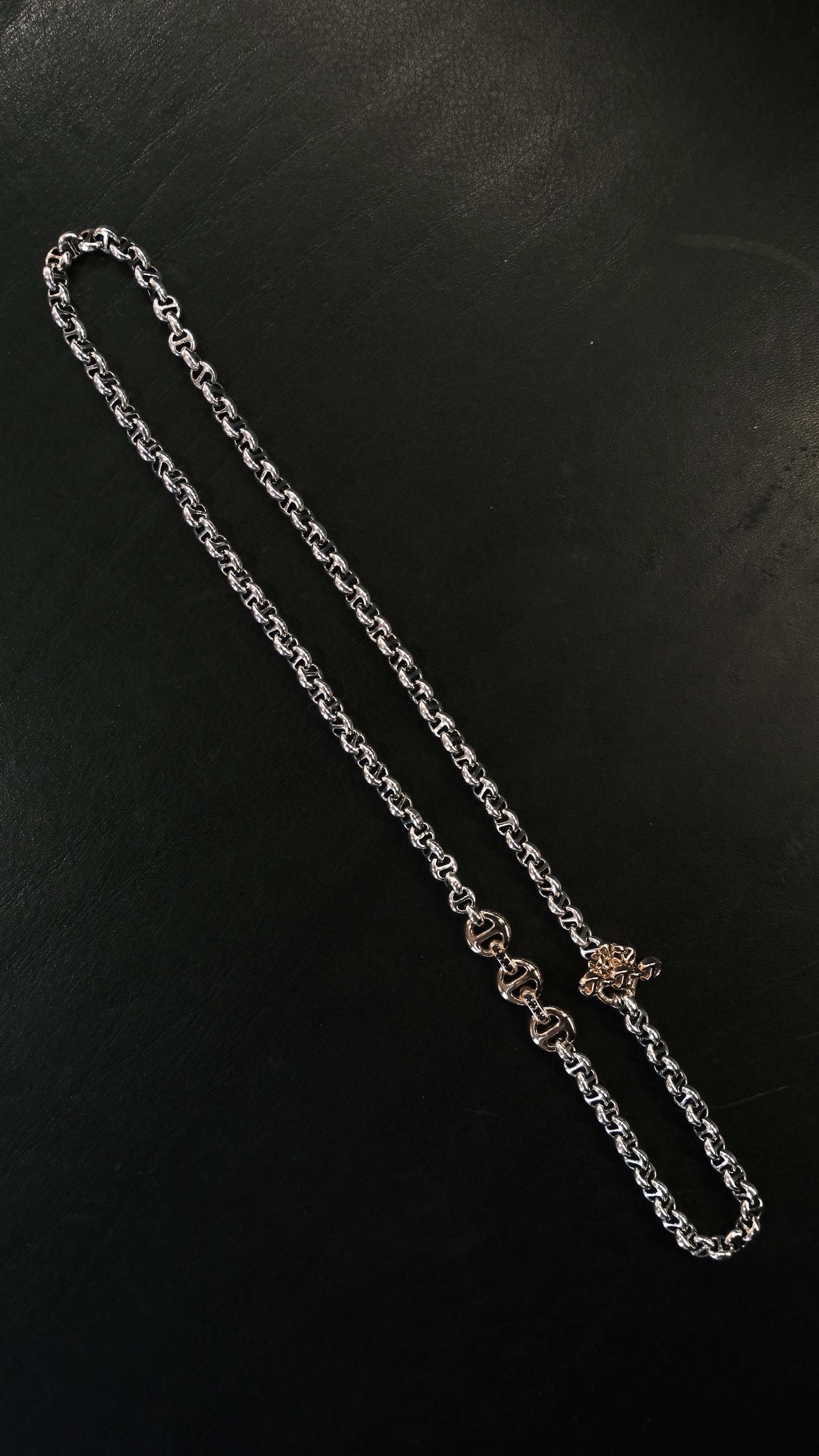 HB063D SSRGBD 5MM OPEN LINK NECKLACE STERLING SILVER CHAIN, 18K ROSE GOLD PENDANT W/ BLACK DIAMOND, 18K ROSE GOLD TOGGLE W/BLACK DIAMOND