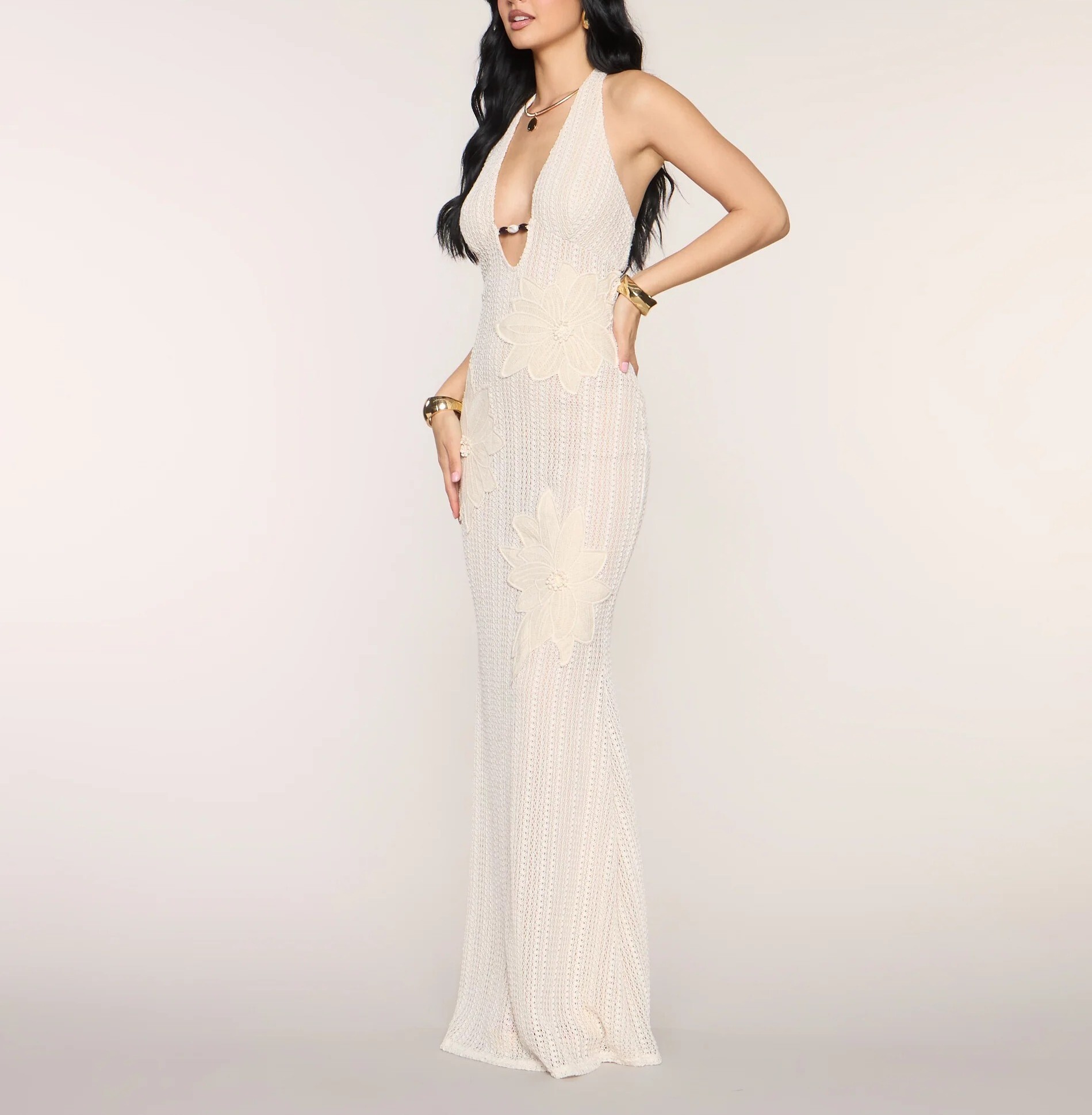 Floral白色手工縫珠花朵針織Long Dress