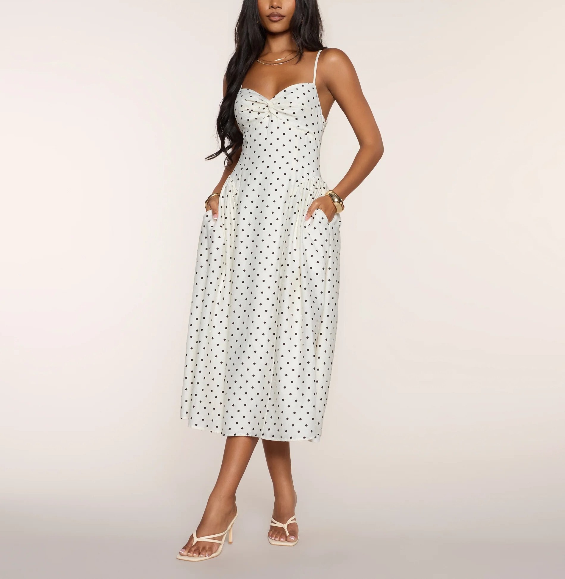 White Dot白色點點桃心領綁帶Maxi Dress
