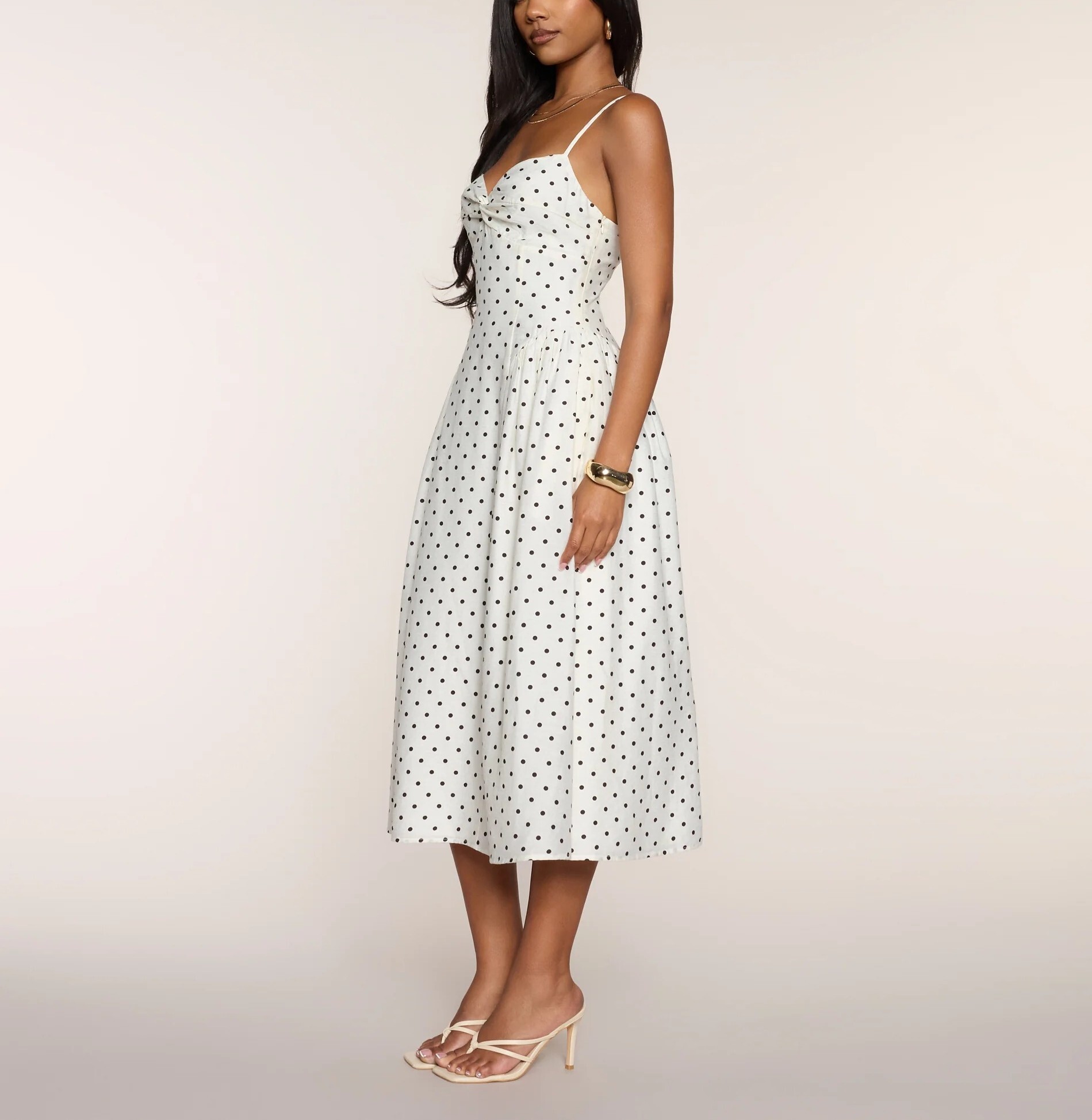 White Dot白色點點桃心領綁帶Maxi Dress