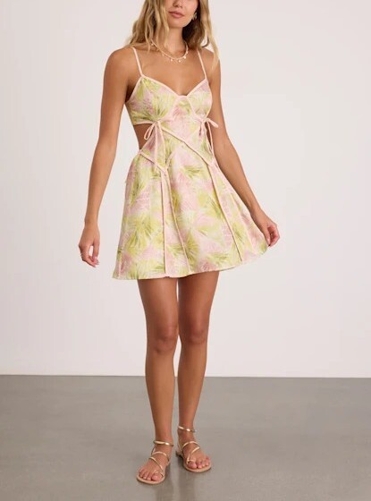 Lime Greem萊姆綠色印花Cutout露腰綁帶Dress