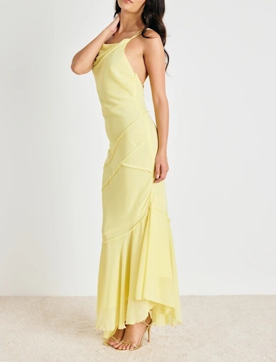 Light Yellow淺黃色拼接立體線露背Maxi Dress