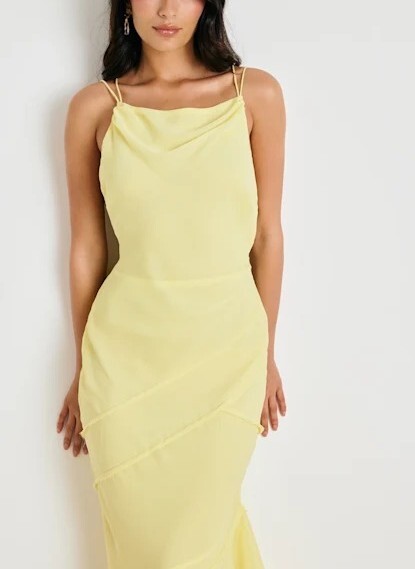 Light Yellow淺黃色拼接立體線露背Maxi Dress