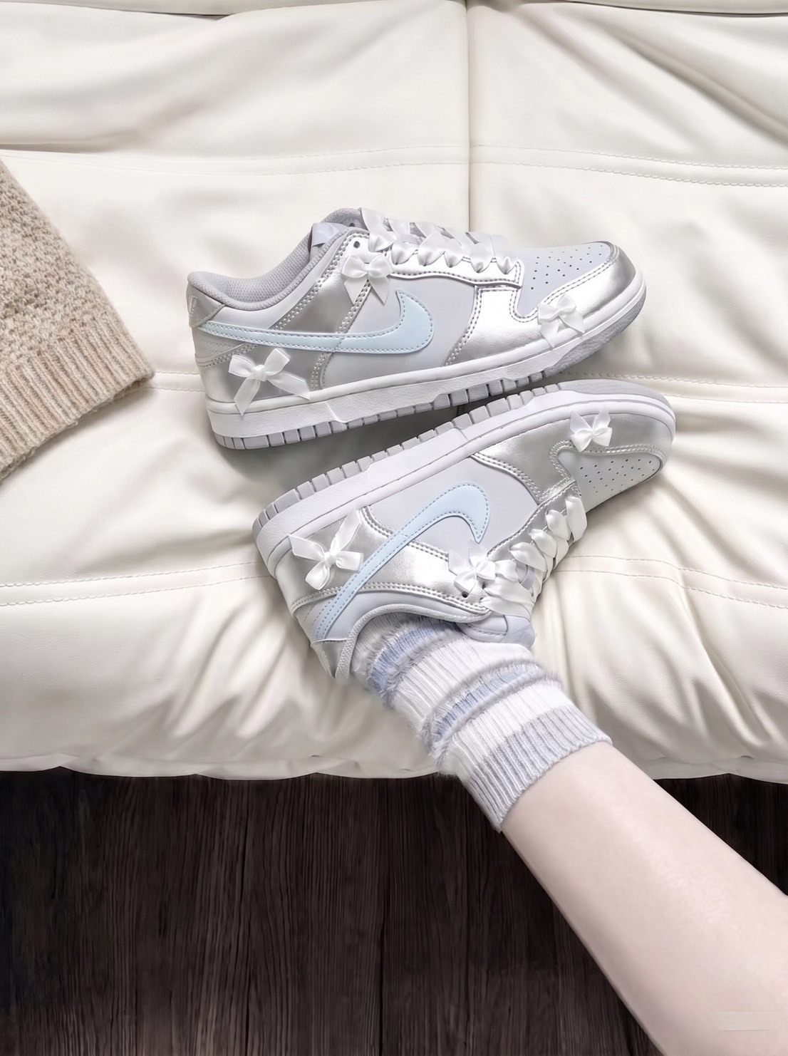 【預購】NIKE DUNK LOW GS 灰白銀 銀翼冰茶 少女 百搭 蝴蝶結 緞帶 大童鞋 訂製款