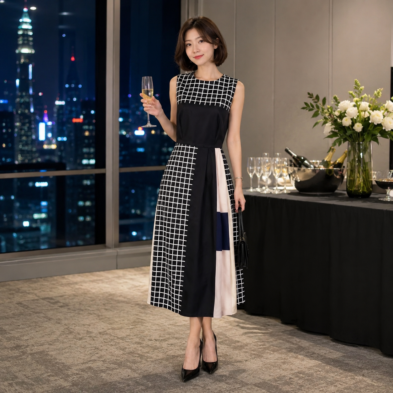 PLAID PLEATED MIDI DRESS