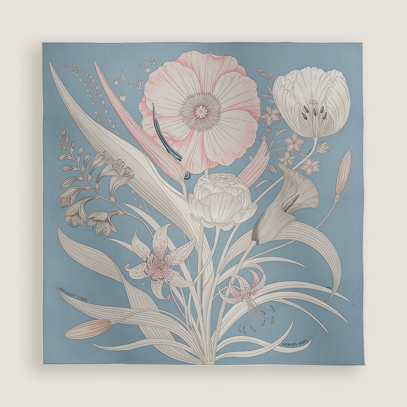 Bouquet final scarf 90x90cm bleu jean  rose pâle / gris perle