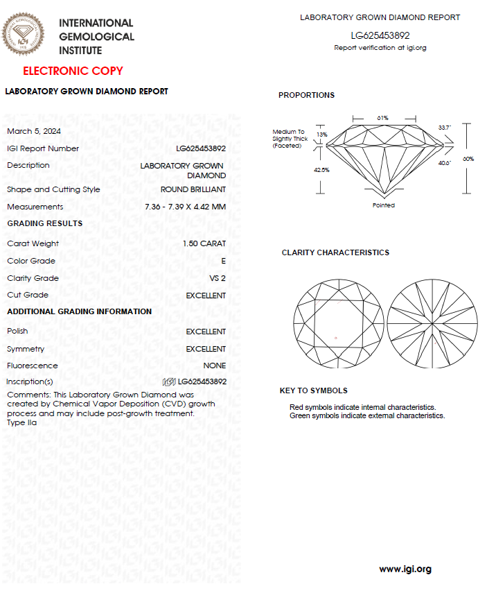 1.50 E VS2 3EX NON IGI LAB GROWN DIAMOND